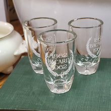 Load image into Gallery viewer, Rare Vintage Barcadi Rum 100th Anniversary Shot Glass etched set of 3