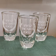 Load image into Gallery viewer, Rare Vintage Barcadi Rum 100th Anniversary Shot Glass etched set of 3