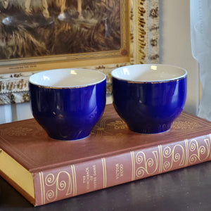 Hand Painted Cobalt Blue Porcelain Teacups with Crane in Flight and Gold Gilding - Set of 2