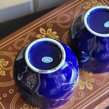 Load image into Gallery viewer, Hand Painted Cobalt Blue Porcelain Teacups with Crane in Flight and Gold Gilding - Set of 2