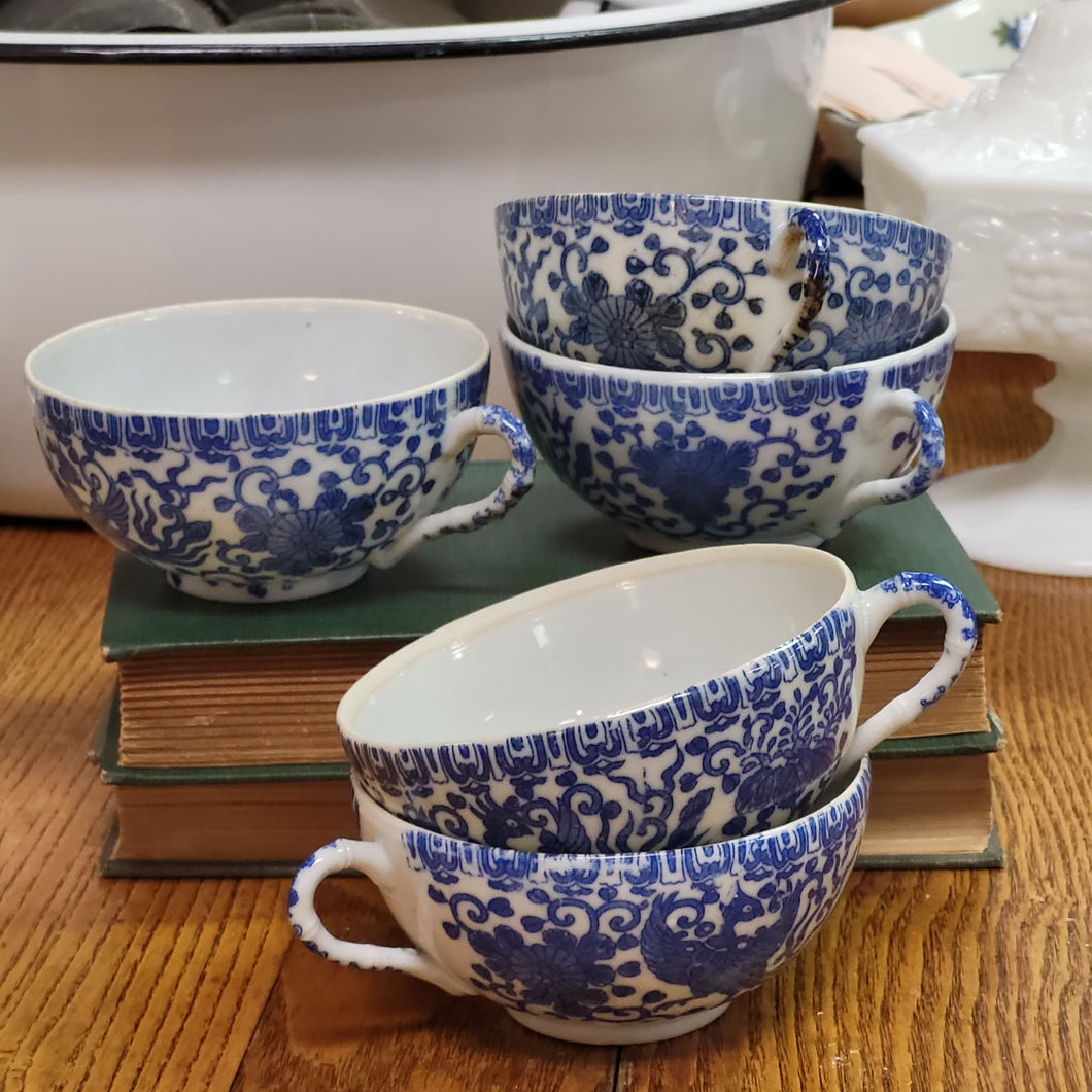 Vintage Blue and White Teacup, Phoenix Bird Eggshell Porcelain Japan 1950s