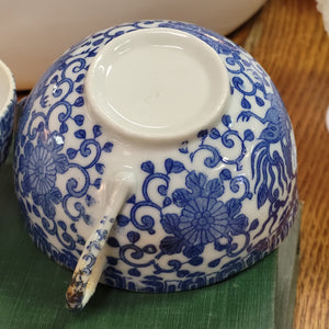 Vintage Blue and White Teacup, Phoenix Bird Eggshell Porcelain Japan 1950s