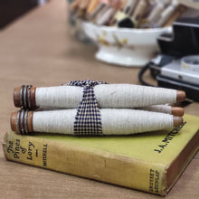 Load image into Gallery viewer, Vintage Wooden Spools Bundle, Spinning Wheel Spools with Heavy Weight Cotton Thread - Set of 3