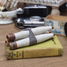 Load image into Gallery viewer, Vintage Wooden Spools Bundle, Spinning Wheel Spools with Heavy Weight Cotton Thread - Set of 3