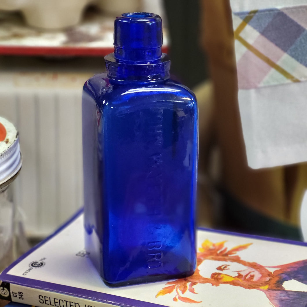 Antique Cobalt Blue Glass Square Bottle, John Wyeth & Bro. Collectible Bottle