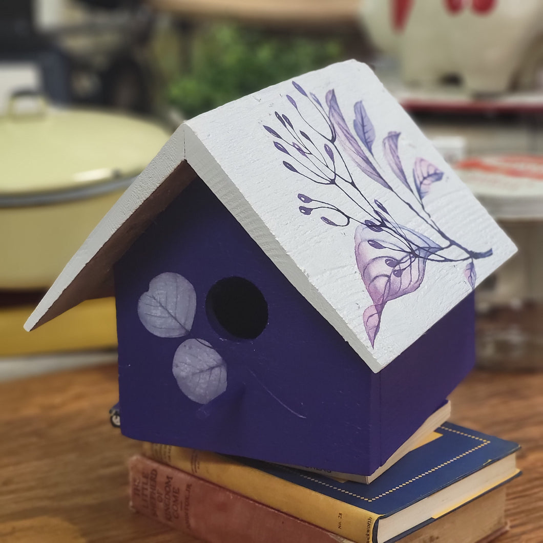 Hand Painted Classic Style Birdhouse, Purple and White Floral and Butterfly Design
