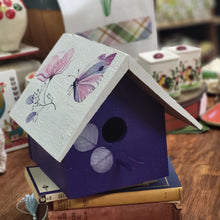 Load image into Gallery viewer, Hand Painted Classic Style Birdhouse, Purple and White Floral and Butterfly Design