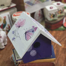 Load image into Gallery viewer, Hand Painted Classic Style Birdhouse, Purple and White Floral and Butterfly Design