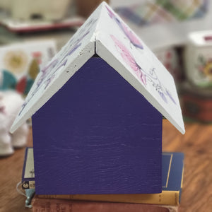 Hand Painted Classic Style Birdhouse, Purple and White Floral and Butterfly Design