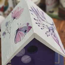 Load image into Gallery viewer, Hand Painted Classic Style Birdhouse, Purple and White Floral and Butterfly Design