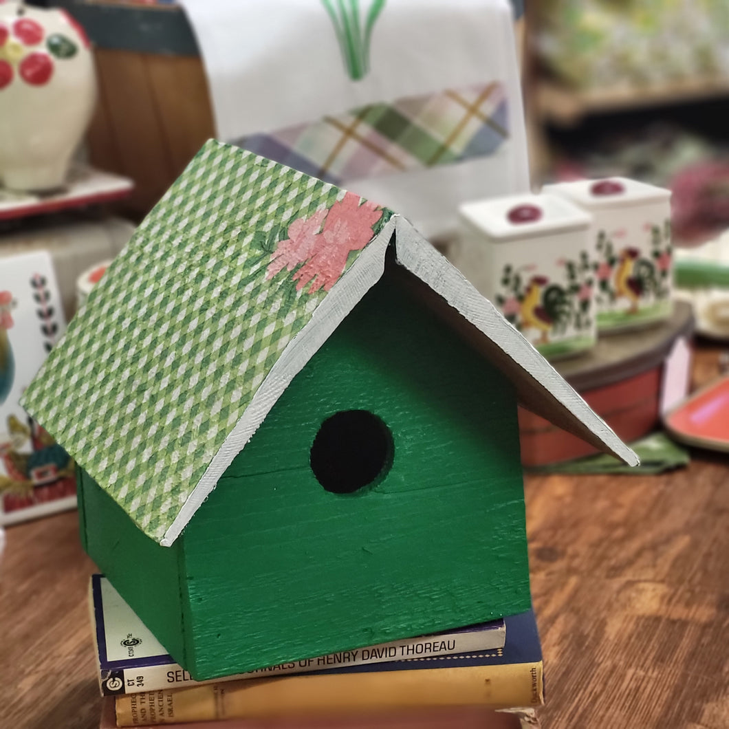 Hand Painted Green Birdhouse with Green Lattice Roof and Pink Floral Design