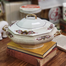 Load image into Gallery viewer, Antique Hexagon Vegetable Dish with Lid, Porcelain Handled Serving Dish Floral and Gold Design