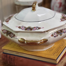 Load image into Gallery viewer, Antique Hexagon Vegetable Dish with Lid, Porcelain Handled Serving Dish Floral and Gold Design