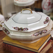 Load image into Gallery viewer, Antique Hexagon Vegetable Dish with Lid, Porcelain Handled Serving Dish Floral and Gold Design
