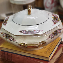 Load image into Gallery viewer, Antique Hexagon Vegetable Dish with Lid, Porcelain Handled Serving Dish Floral and Gold Design