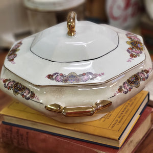 Antique Hexagon Vegetable Dish with Lid, Porcelain Handled Serving Dish Floral and Gold Design