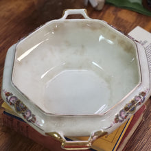 Load image into Gallery viewer, Antique Hexagon Vegetable Dish with Lid, Porcelain Handled Serving Dish Floral and Gold Design