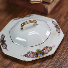 Load image into Gallery viewer, Antique Hexagon Vegetable Dish with Lid, Porcelain Handled Serving Dish Floral and Gold Design