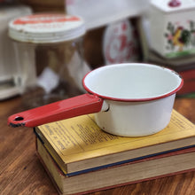Load image into Gallery viewer, Vintage 2 cup small Enamelware saucepan with red handle and rim