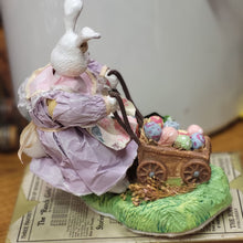 Load image into Gallery viewer, Vintage Paper Mache Lady Bunny With Eggs in a Wheelbarrel, Paper Mache Girl Bunny, Easter Decor