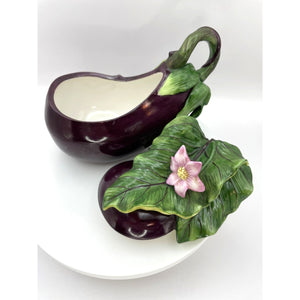 Fitz and Floyd Eggplant Lidded Candy Dish, Beautiful Leaves, Pink Flowers