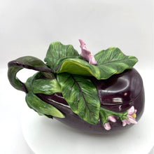 Load image into Gallery viewer, Fitz and Floyd Eggplant Lidded Candy Dish, Beautiful Leaves, Pink Flowers