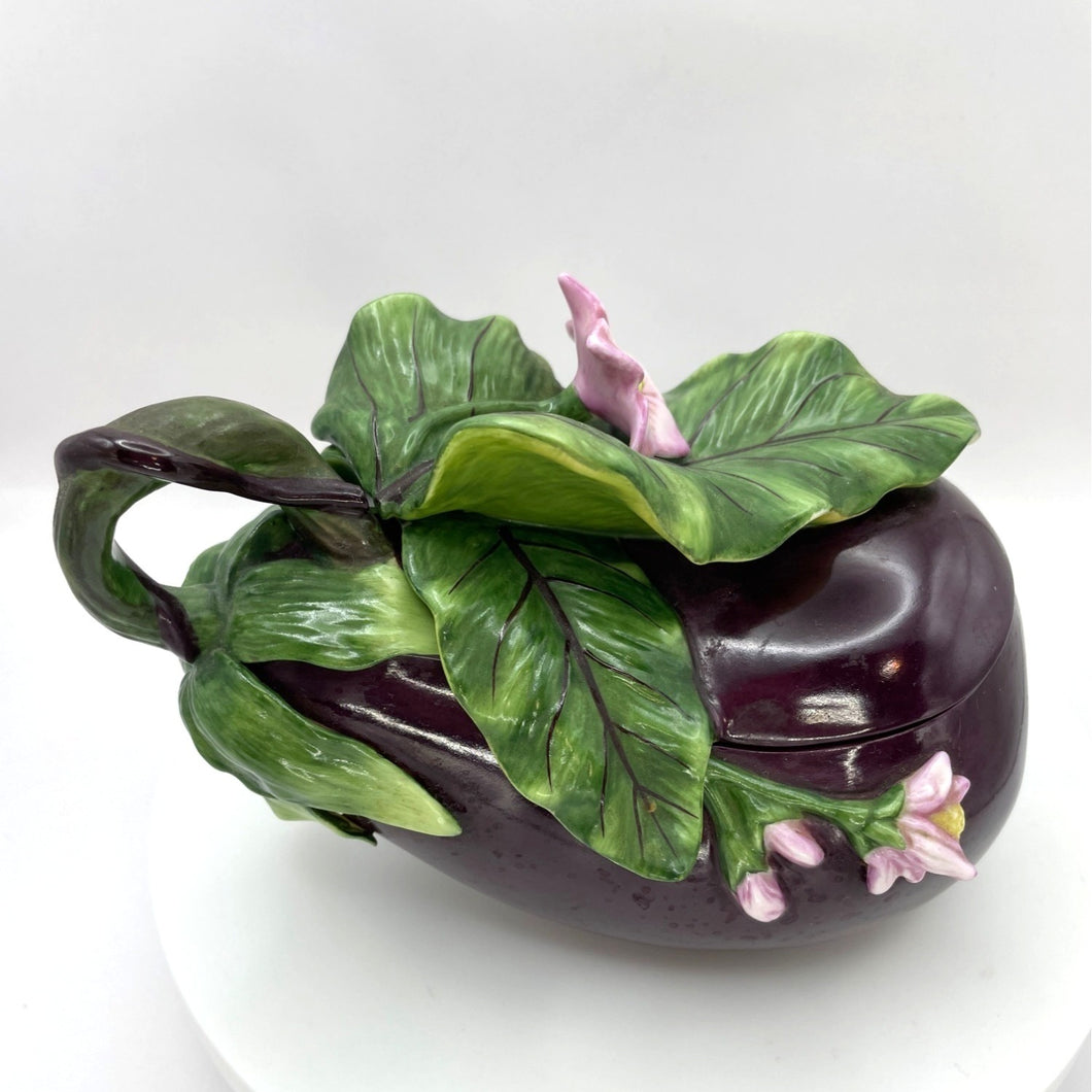 Fitz and Floyd Eggplant Lidded Candy Dish, Beautiful Leaves, Pink Flowers