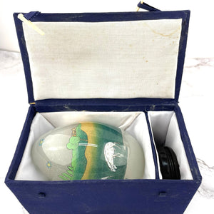 Hand Blown Glass Egg with Stand 1991 SMC in Box Religious Design Li Bien Painted