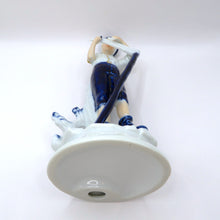 Load image into Gallery viewer, Vintage Porcelain Figurine Boy Sharpening Scythe Blue White Gold Light Academia