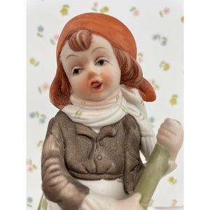 Capodimonte Porcelain Girl with Broom Figurine, Hand Painted Girl with Bonnet Sweeping