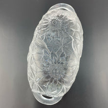 Load image into Gallery viewer, Vtg Indiana Glass Sunflower Relish Tray, Pressed Clear Glass Textured Bowl, Sunflower Pattern Handled Dish