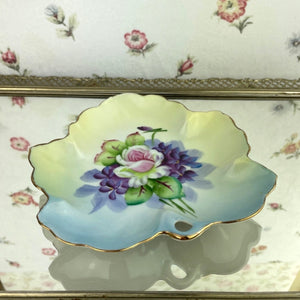 Lefton China Trinket Tray, Porcelain Hand Painted Leaf Shaped Vanity Tray
