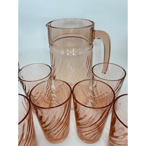 Vintage Pink Glass Swirl Pitcher & Tumbler Set, Arcoroc France Rosaline 7 Piece Fruit Orangeade Juice Set