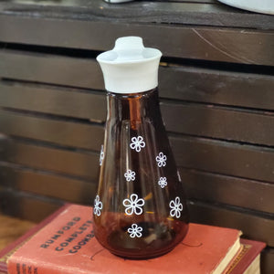 Vintage Thatcher Amber Glass 1970's Syrup Bottle, Brown and White Daisy Carafe