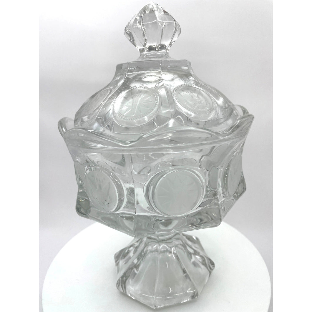 Fostoria Frosted Coin Pattern, Lidded Candy Dish, 1960s Compote Bowl