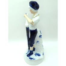 Load image into Gallery viewer, Vintage Porcelain Figurine Boy Sharpening Scythe Blue White Gold Light Academia