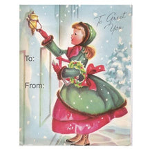 Load image into Gallery viewer, Retro Gift Tag Stickers, Vintage Inspired Girl Christmas Gift To and From Stickers