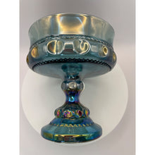 Load image into Gallery viewer, Indiana Glass King&#39;s Crown Blue Iridescent Compote Bowl, Thumbprint Carnival Glass Candy Dish