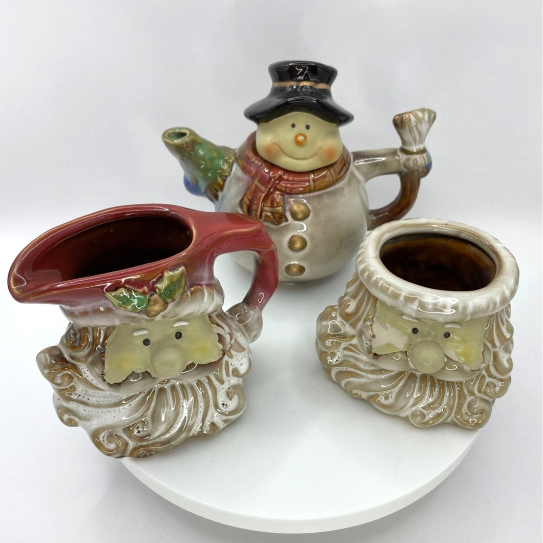 Small Glazed Pottery Snowman Teapot with Santa Cream and Sugar