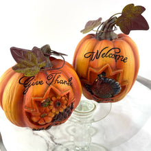 Load image into Gallery viewer, Fall Sentiment Pumpkins, Thanksgiving Fall Decoration Give Thanks Welcome Set of 2