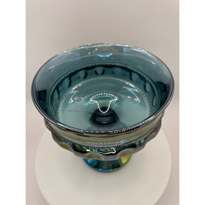 Indiana Glass King's Crown Blue Iridescent Compote Bowl, Thumbprint Carnival Glass Candy Dish