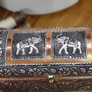 Vintage Silver and Copper Embossed Jewelry Box, Elephant Motif Velvet Lined Trinket Box