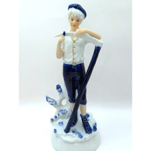 Load image into Gallery viewer, Vintage Porcelain Figurine Boy Sharpening Scythe Blue White Gold Light Academia
