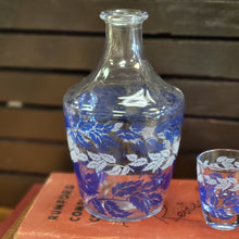 Load image into Gallery viewer, Vintage Luminarc Glass Carafe with Blue and White Leaf Pattern, Decanter Made in France