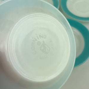 Corning Aqua Blue Saucers with "Little Joe" Blower Logo - Set of 5