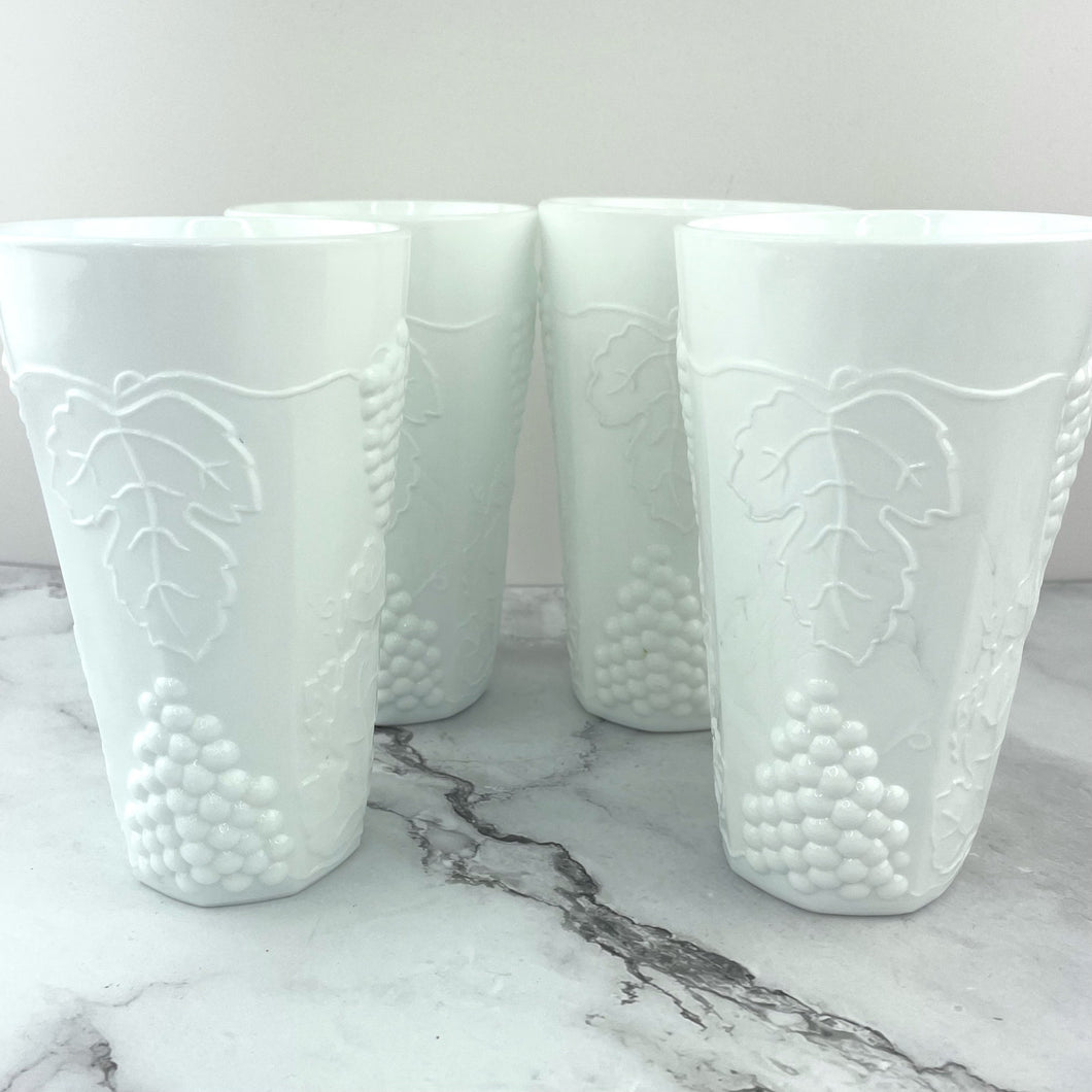 Indiana Glass Colony Harvest Milk Glass Grape and Leaf Tumblers 12oz Set of 4