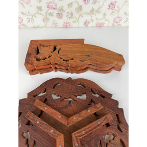 Vintage Indian Wood Ornate Hand Carved Folding Wooden Plant Stand on 3 Legs with Inlaid Floral Design