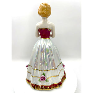 Vintage Porcelain Luster Girl Figurine, Ball Gown with Rose Details