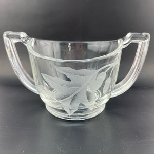 Vintage Oak Leaf Etched Glass Sugar Dish Trophy Handled Leaf and Acorns Sugar