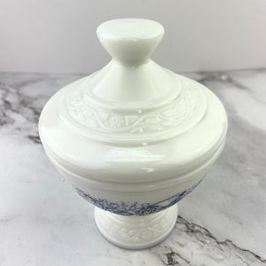 Vntg Chinoiserie Milk Glass Candy Dish Lidded Blue and White Asian Trinket Dish